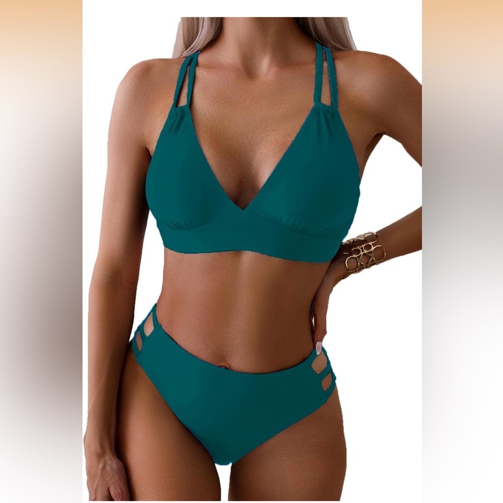 NWT Tainehs Women's Push Up V Neck Bikini Sets Criss Cross Back Two Piece Medium